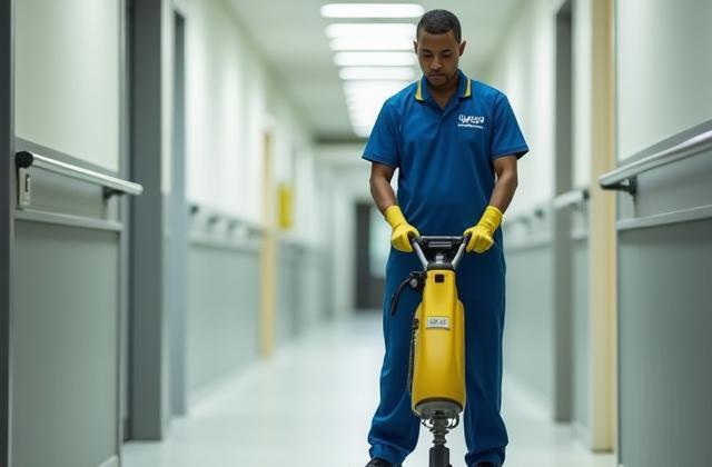 Janitorial staff cleaning a corporate hallway